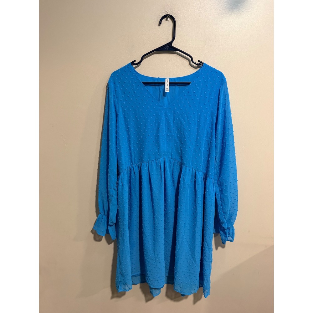 Zenana Womens Blue Swiss Dot V-Neck Babydoll Dress Long Sleeve XL